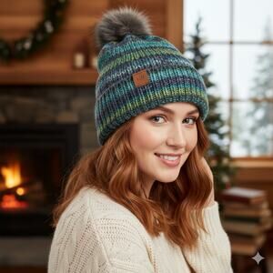 KLM Knit Beanie Hat Multi Color Blue Green Faux Fur Pom Leather Patch Slouchy